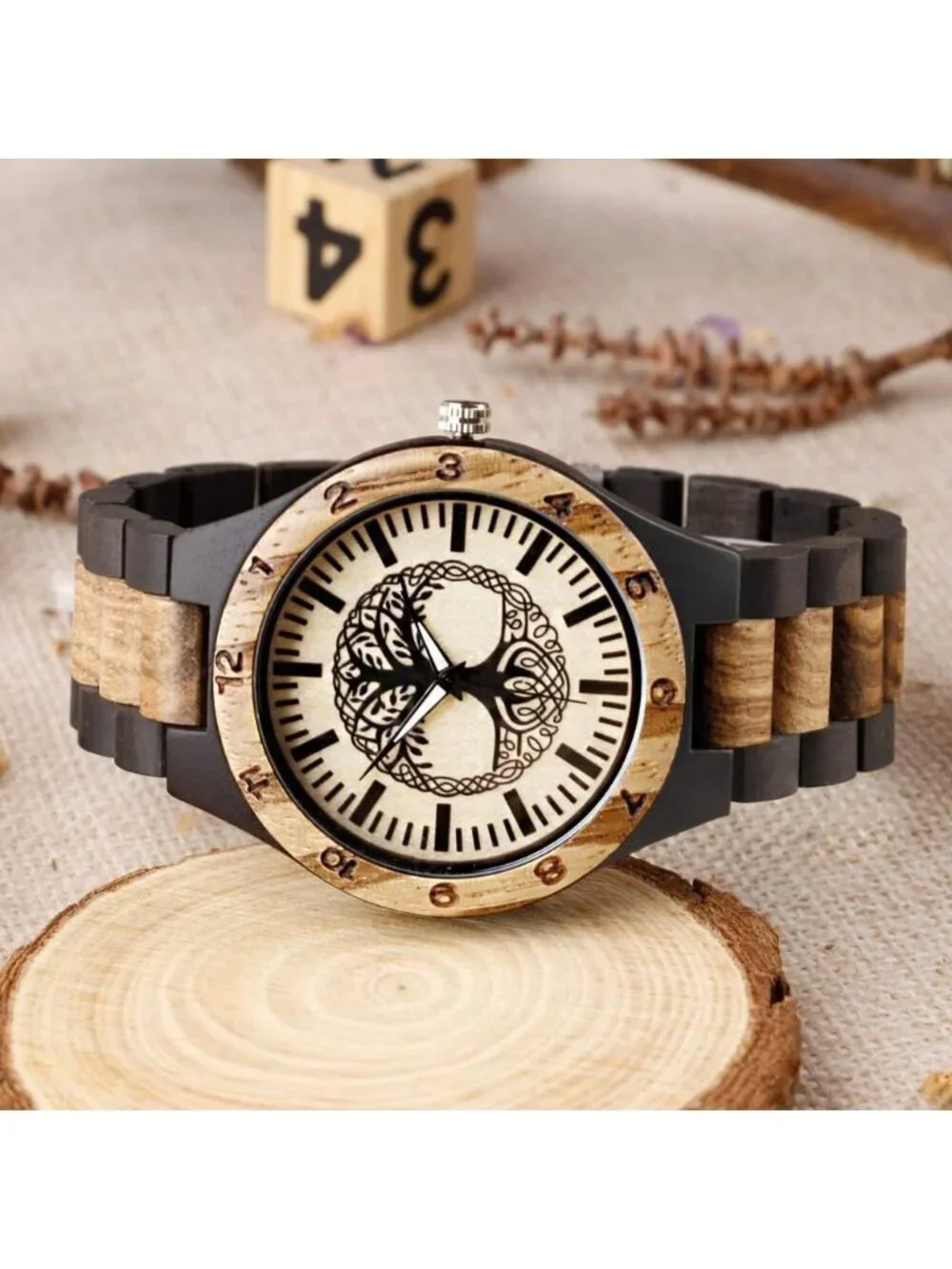 Men's Black Handmade Tree Pattern Lightweight Analog Quartz Wrist Wooden Watch